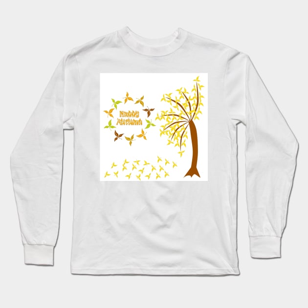 Happy Autumn in a circle of leaves with a tree of fall leaves. Long Sleeve T-Shirt by ikshvaku